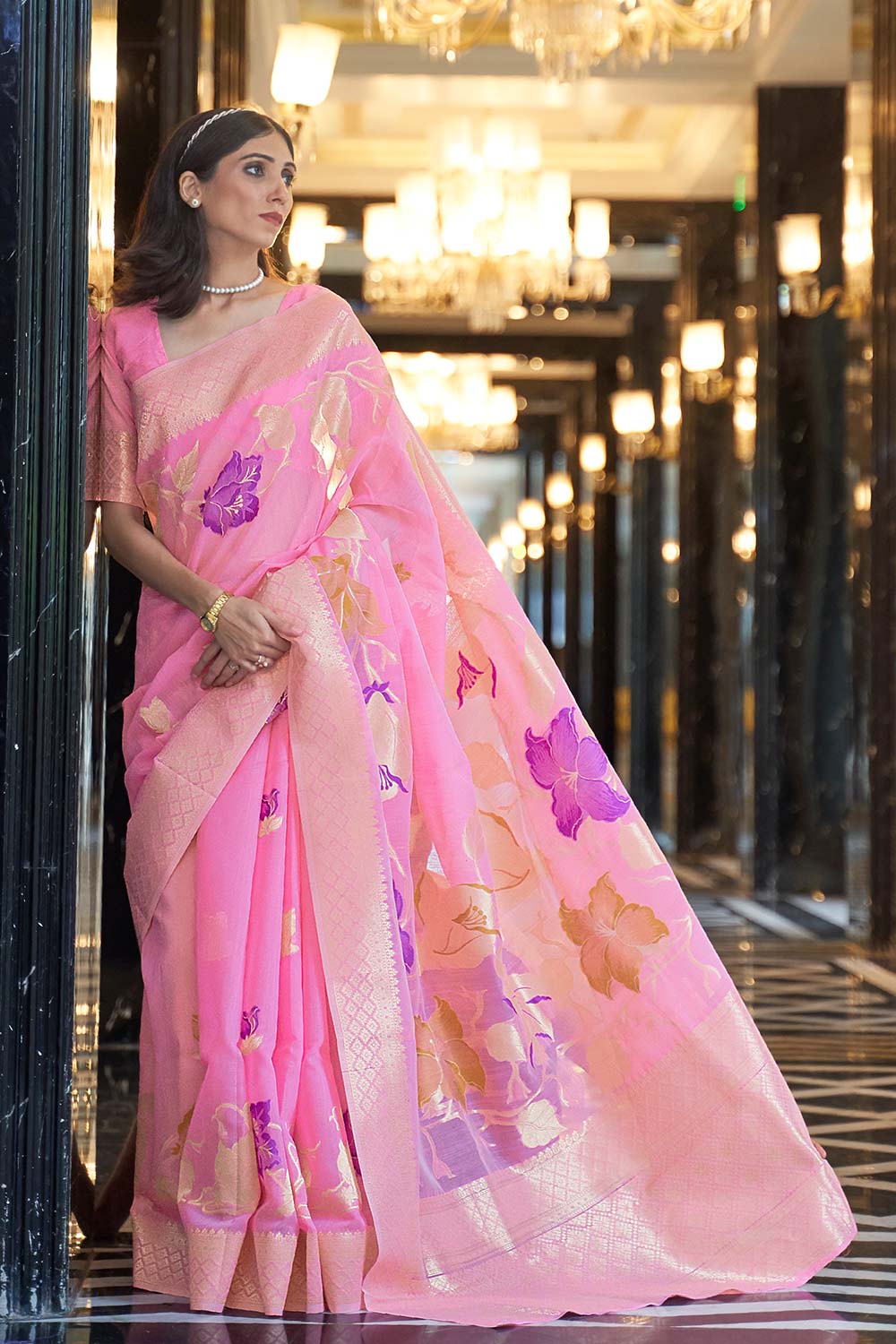 Kabana Pink Linen Woven Saree