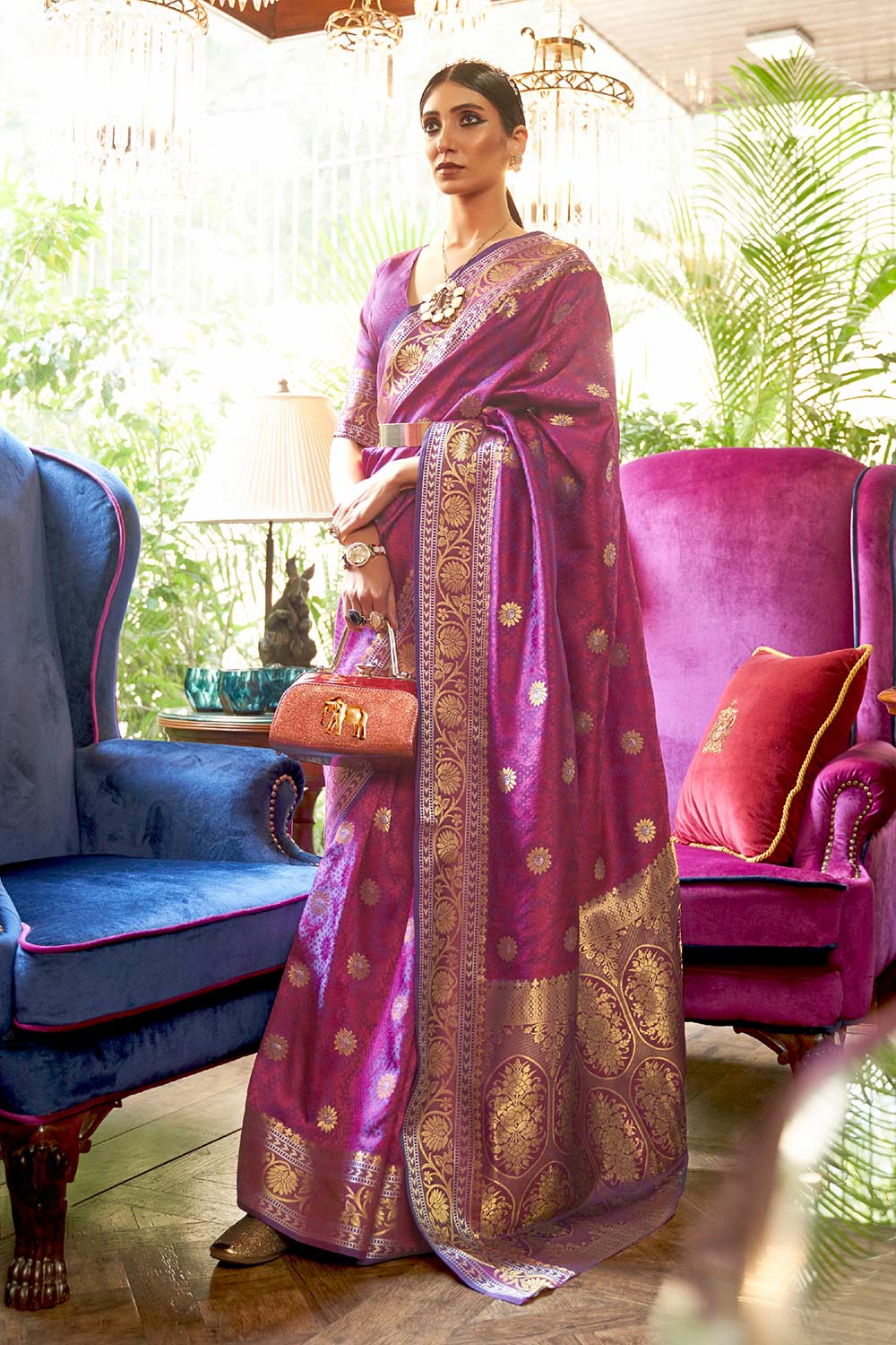 Kallavi Purple Silk Woven Saree