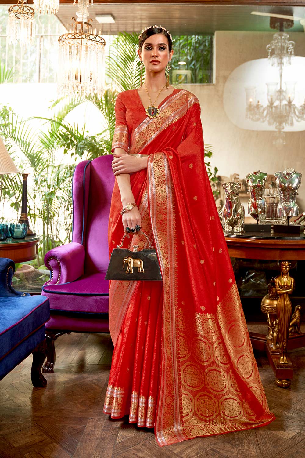 Kallavi Red Silk Woven Saree