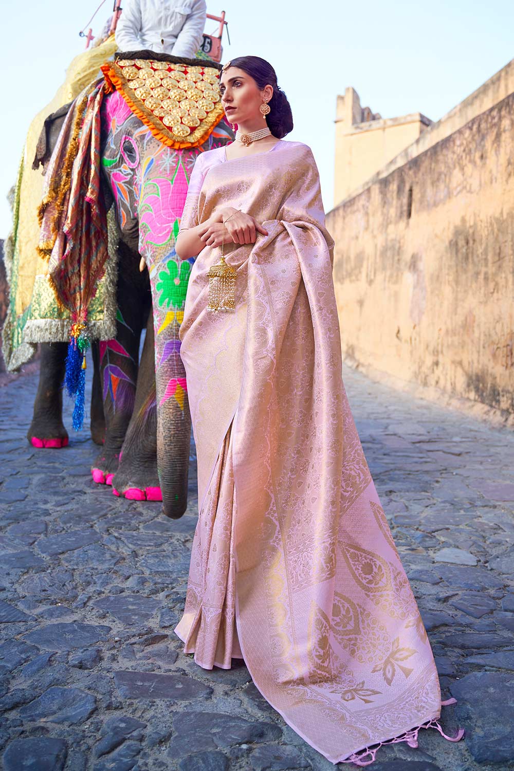 Kumbhi Peach Silk Woven Saree