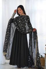 Black Solid Woven Georgette Gown