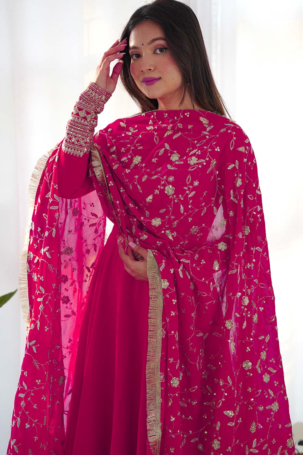 Pink Solid Woven Georgette Gown