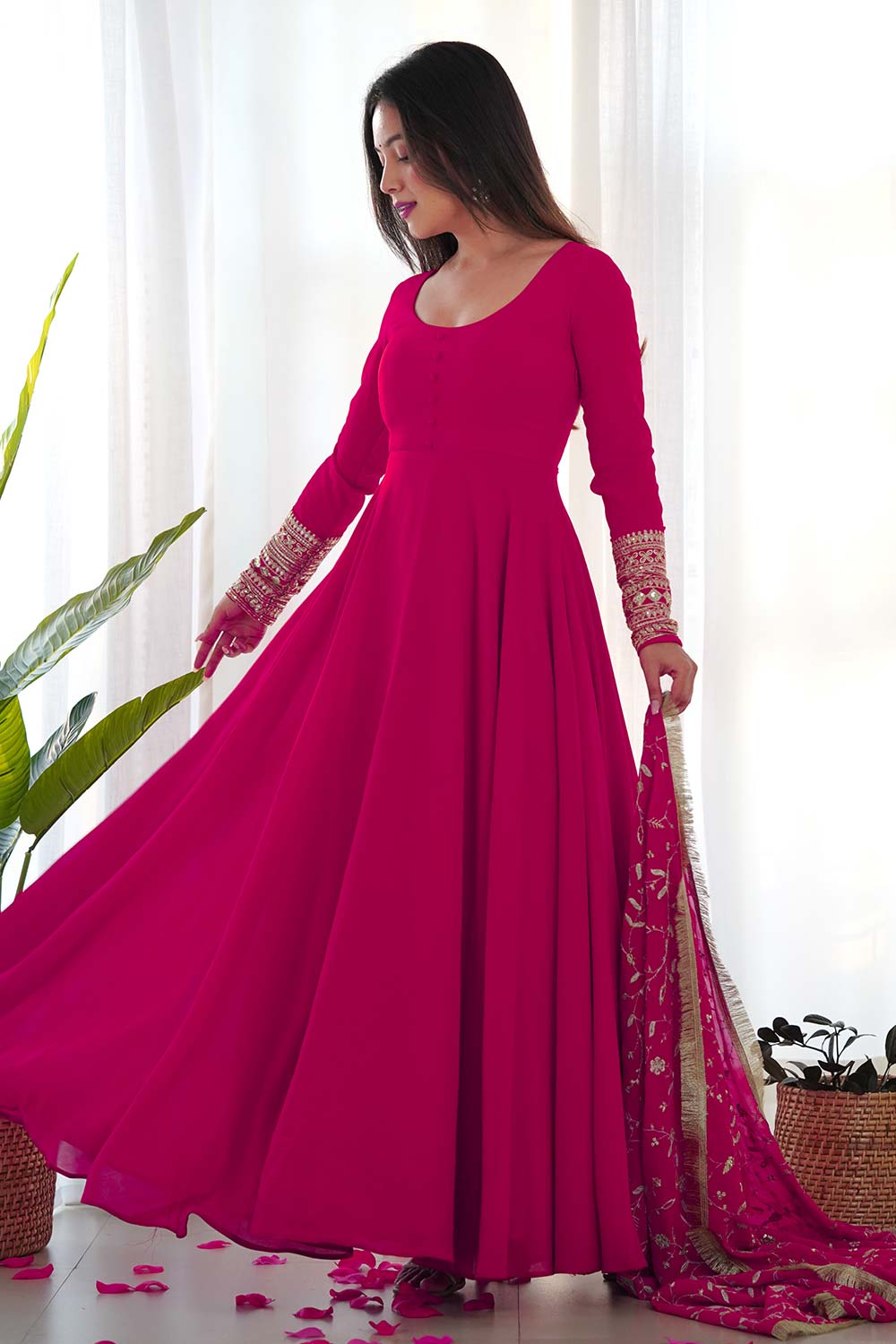 Pink Solid Woven Georgette Gown