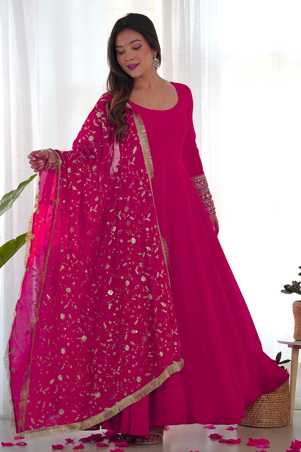 Pink Solid Woven Georgette Gown