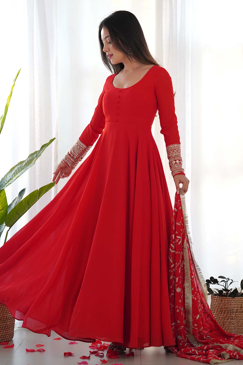 Red Solid Woven Georgette Gown