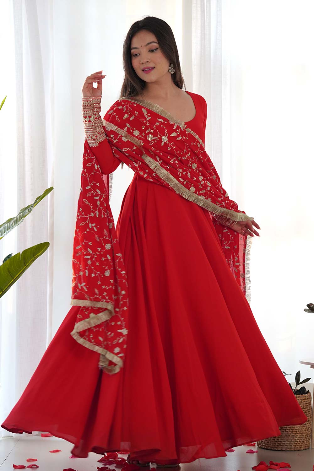 Red Solid Woven Georgette Gown