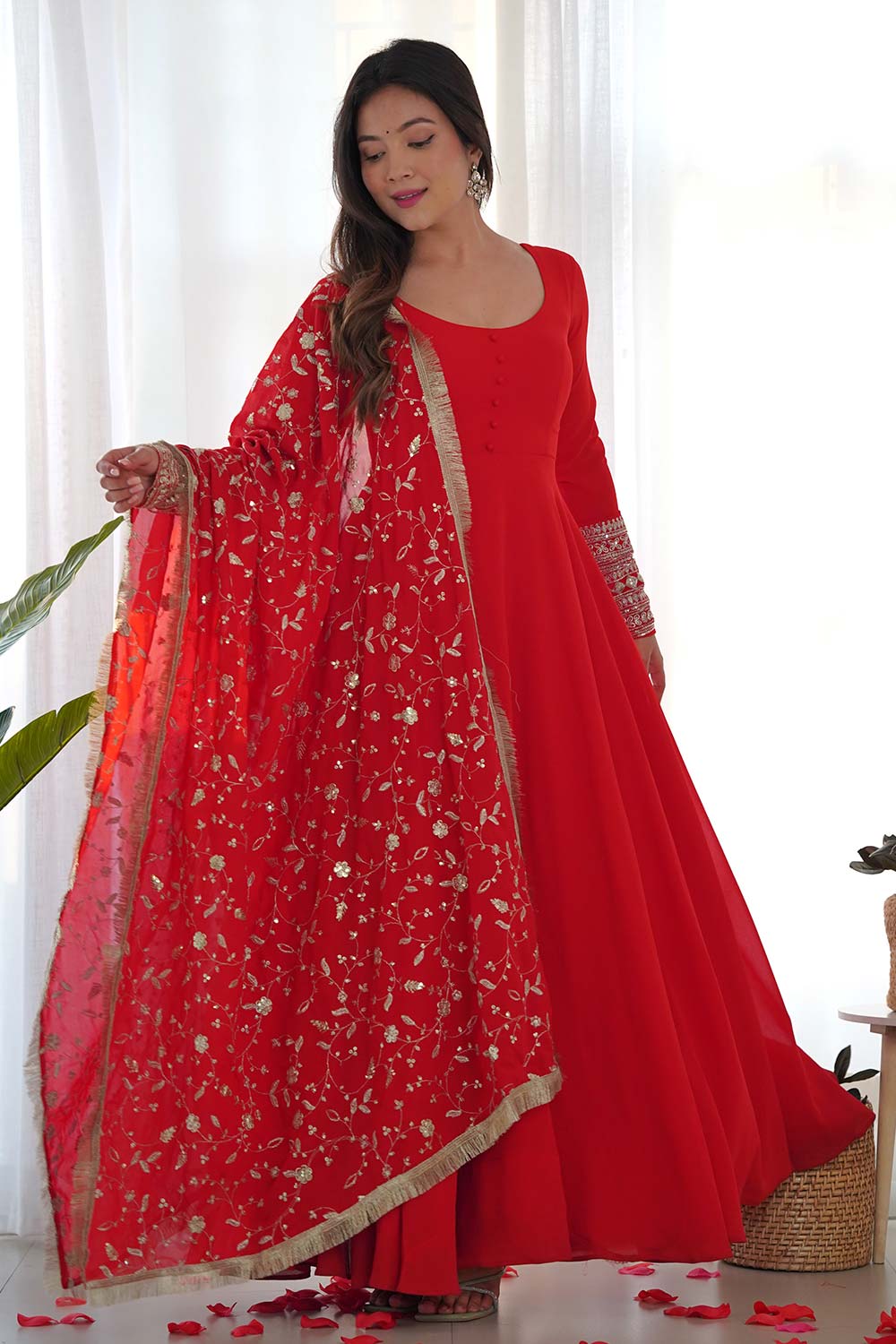 Red Solid Woven Georgette Gown