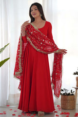 Red Solid Woven Georgette Gown