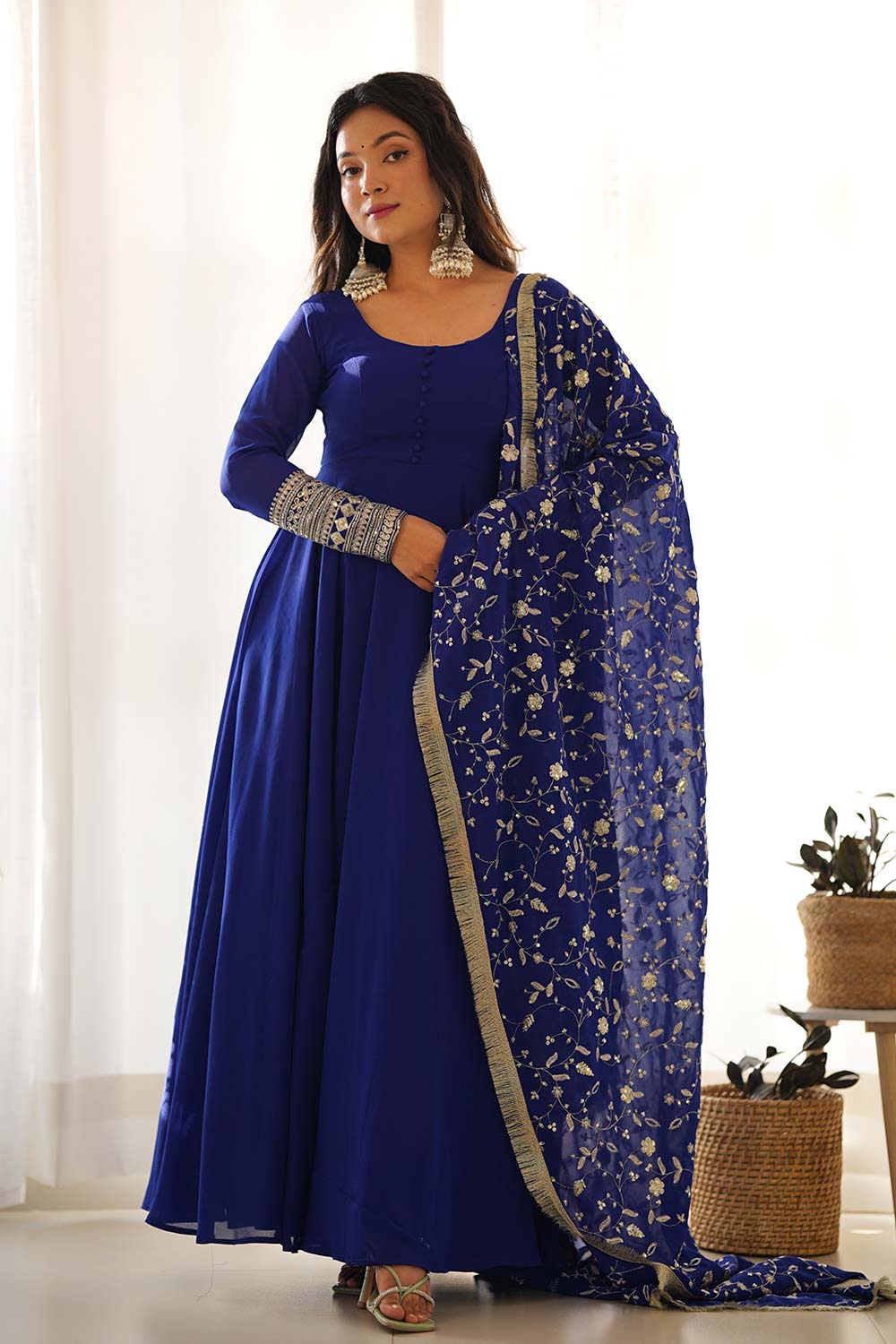 Blue Solid Woven Georgette Gown