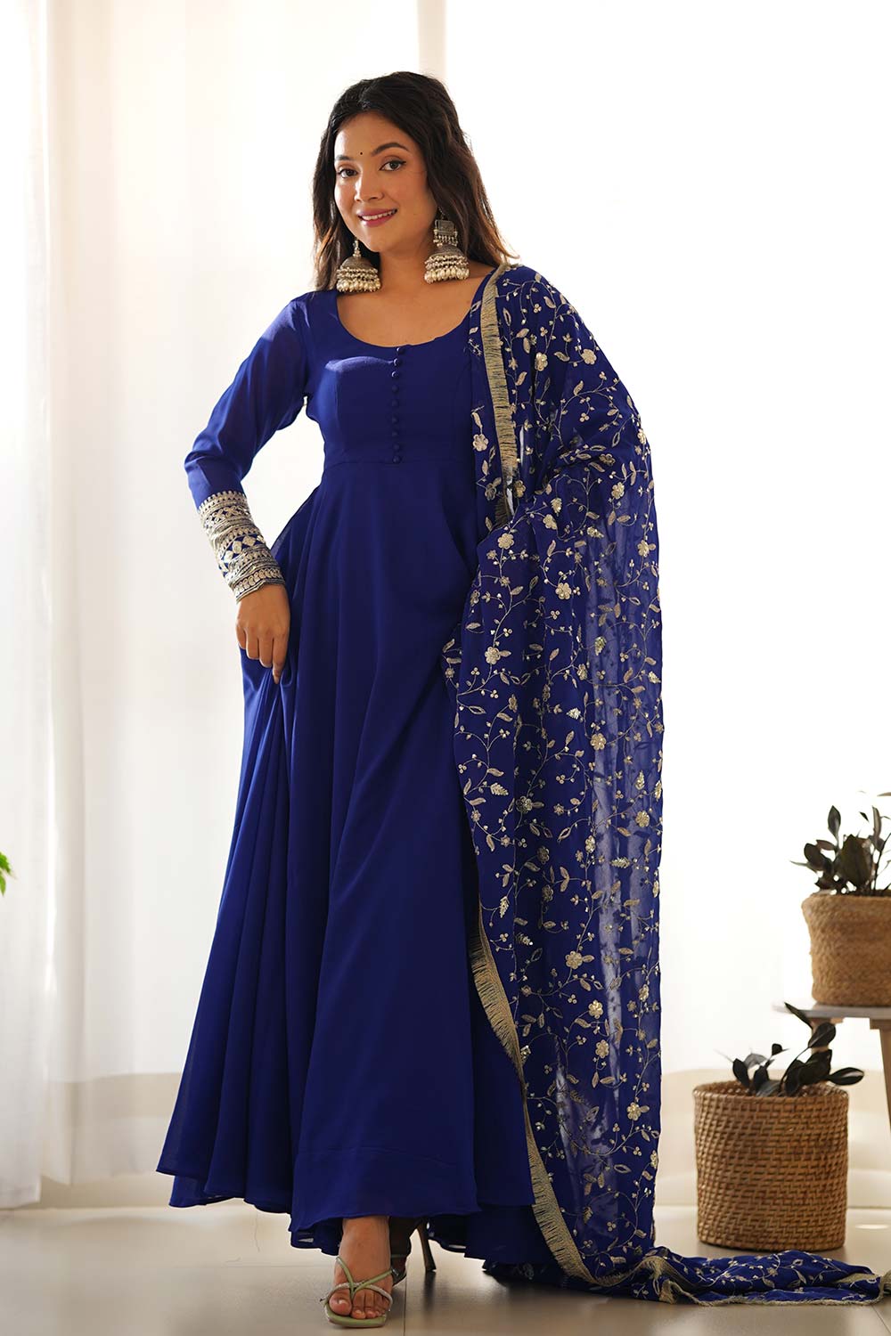 Blue Solid Woven Georgette Gown