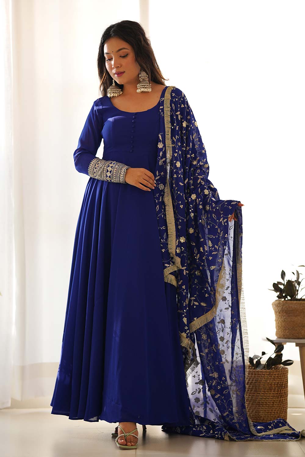 Blue Solid Woven Georgette Gown