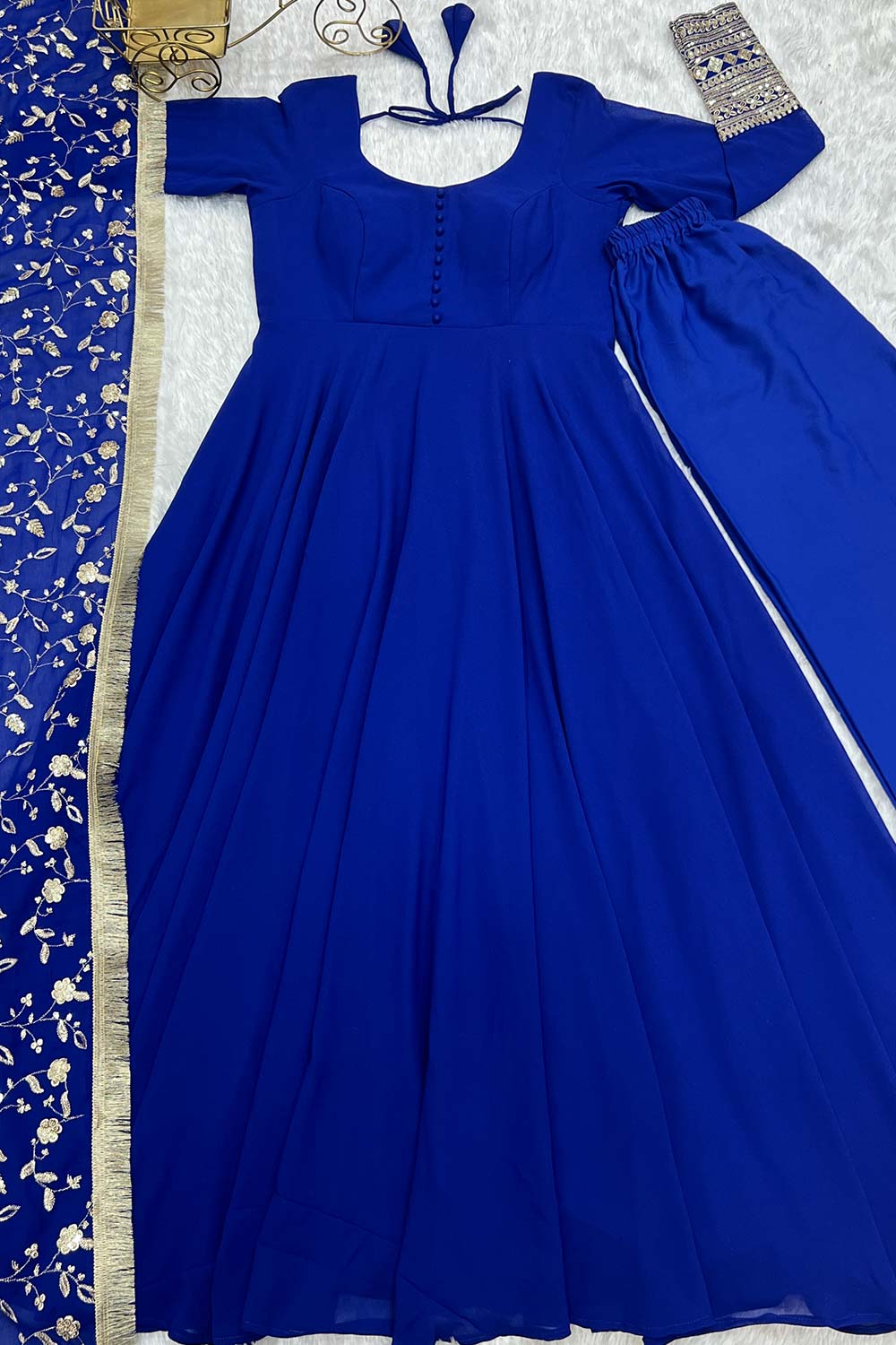 Blue Solid Woven Georgette Gown