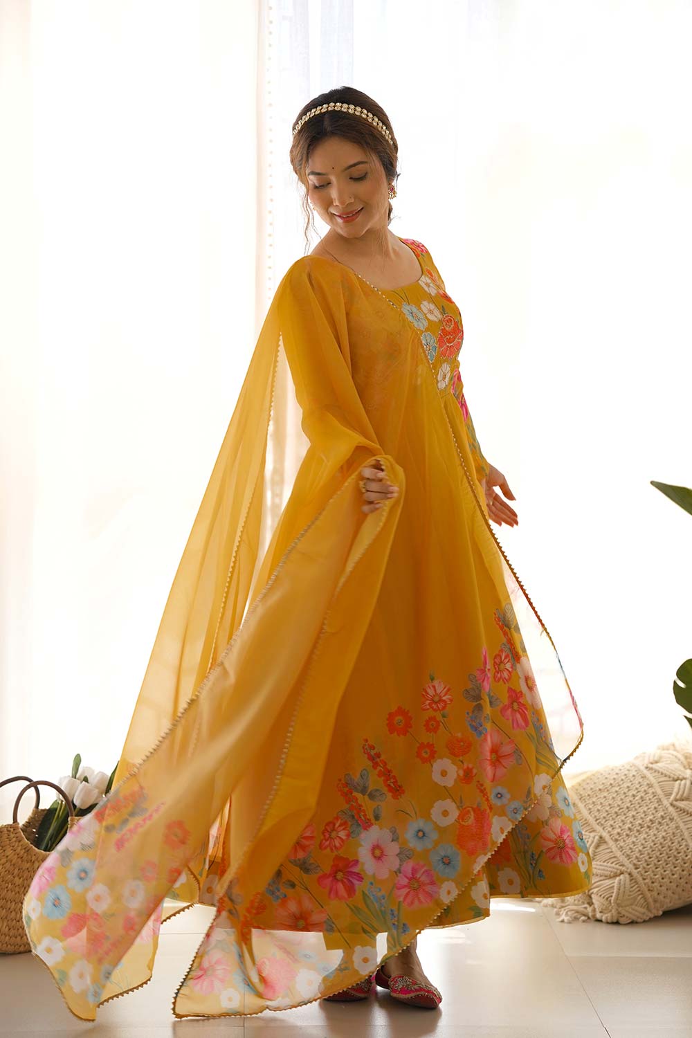 Yellow Printed Organza Anarkali Suit Set