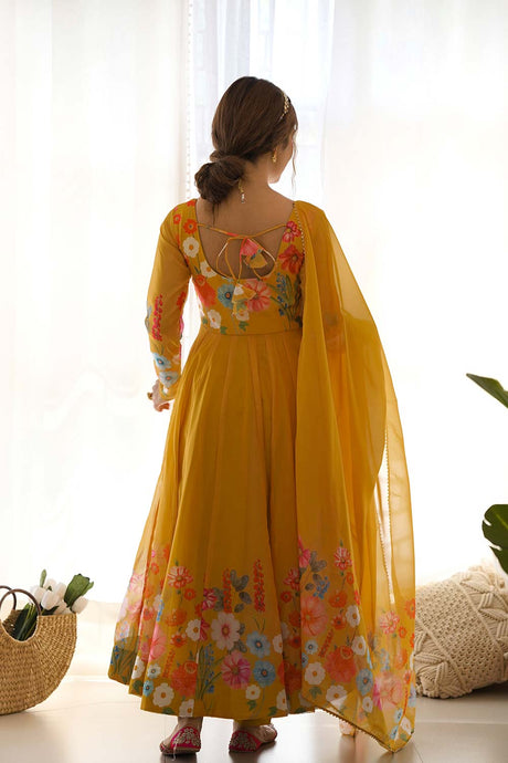 Yellow Printed Organza Anarkali Suit Set