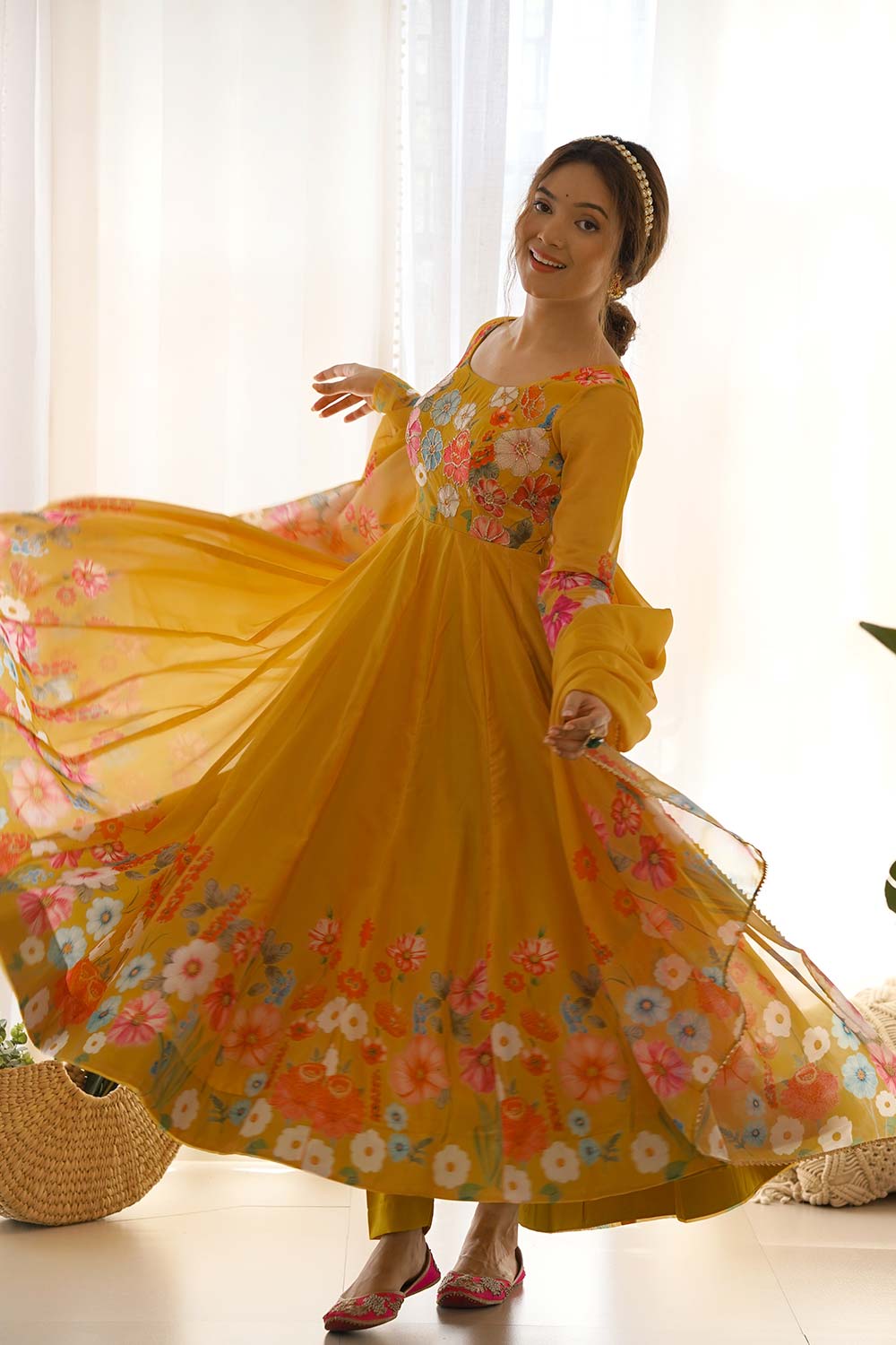 Yellow Printed Organza Anarkali Suit Set