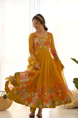 Yellow Printed Organza Anarkali Suit Set