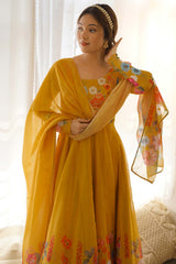 Yellow Printed Organza Anarkali Suit Set