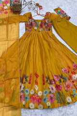 Yellow Printed Organza Anarkali Suit Set