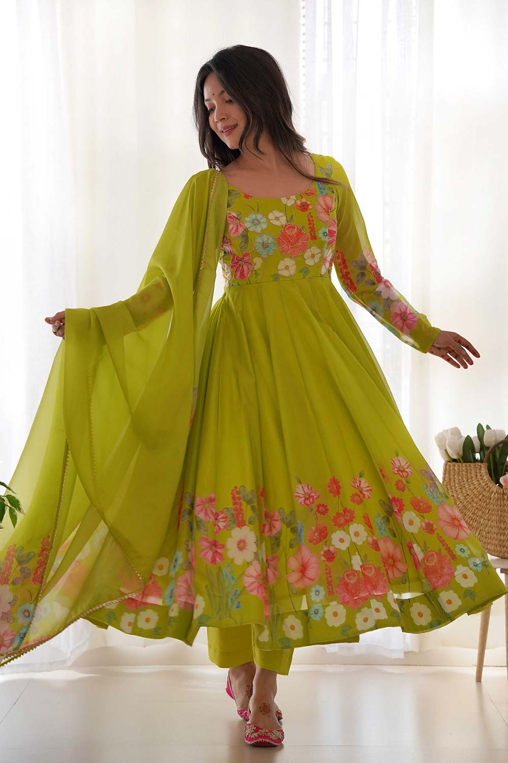 Liril Organza Floral Print Full Sleeves Anarkali Suit Set