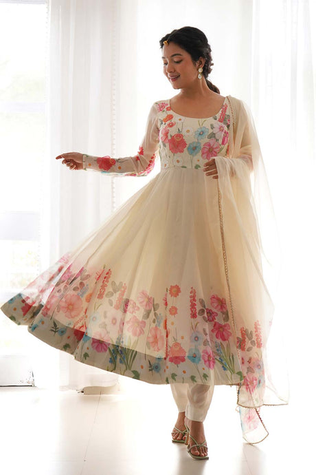 Beige Printed Organza Anarkali Suit Set