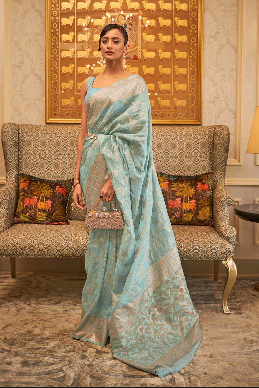 Kyma Blue Silk Woven Saree