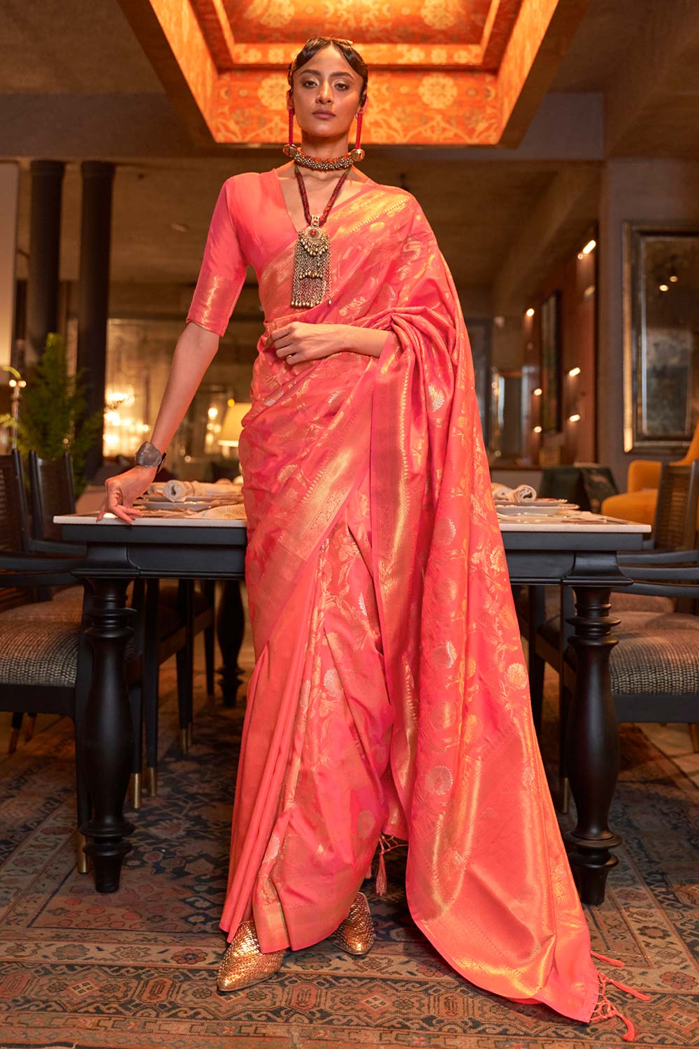 Kairos Peach Silk Woven Saree