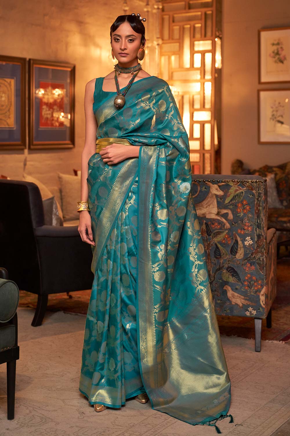 Kairos Teal Silk Woven Saree