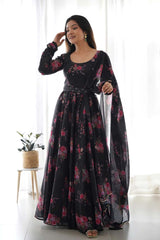 Navy Blue Organza Floral Print Full Sleeves Anarkali Suit Set