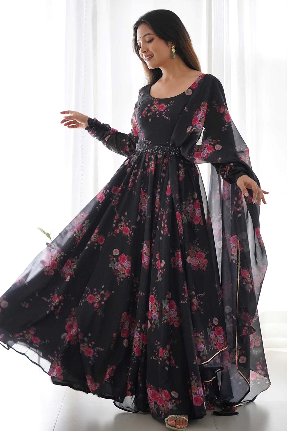 Navy Blue Organza Floral Print Full Sleeves Anarkali Suit Set