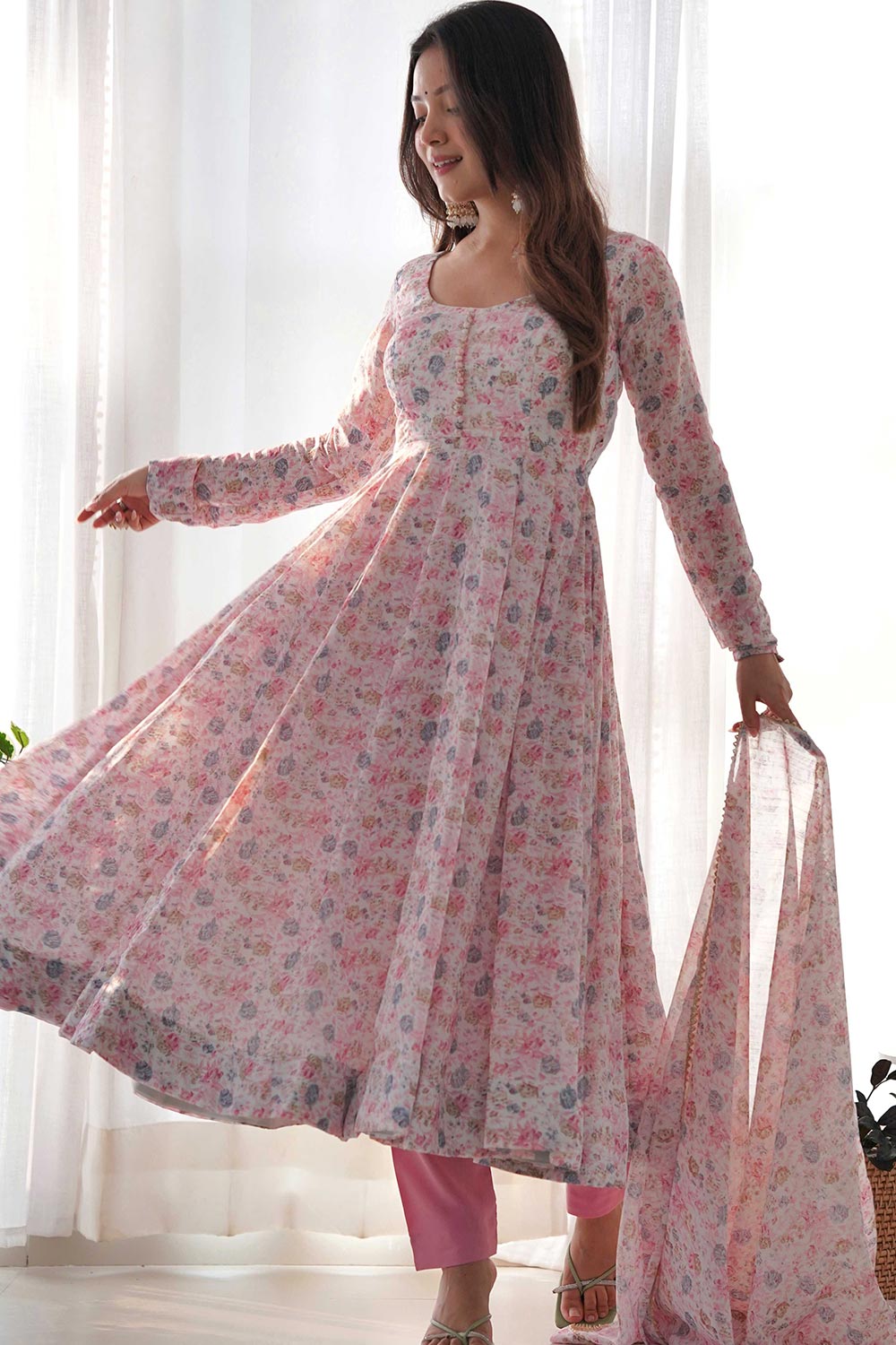 Chiffon Floral Print Fabric Fancy Neck Potli Button Design Padded With Side Zipper Attached Fully Flair Anarkali Kurti With Dupatta And Pant