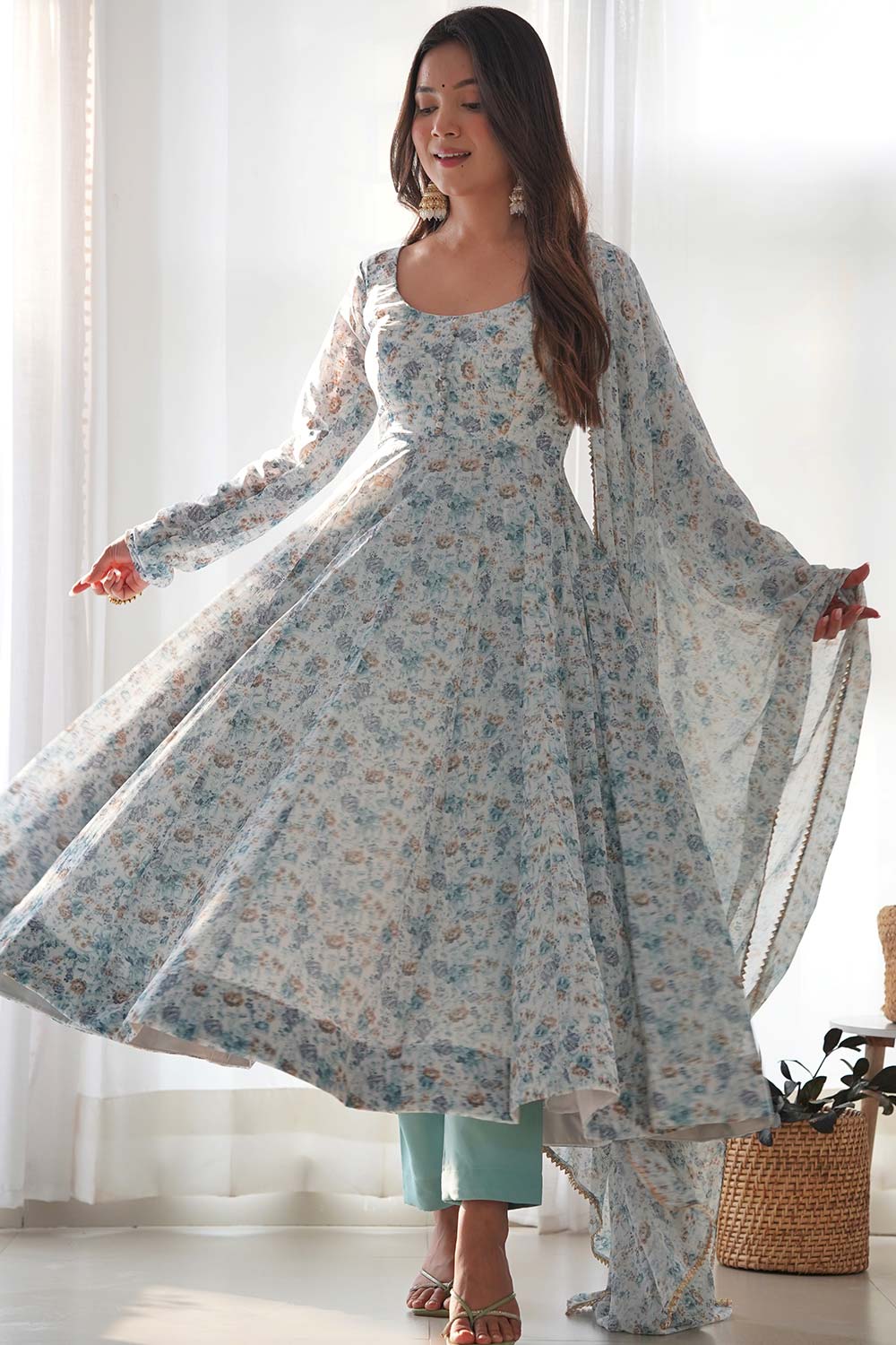 Turquoise Printed Chiffon Gown