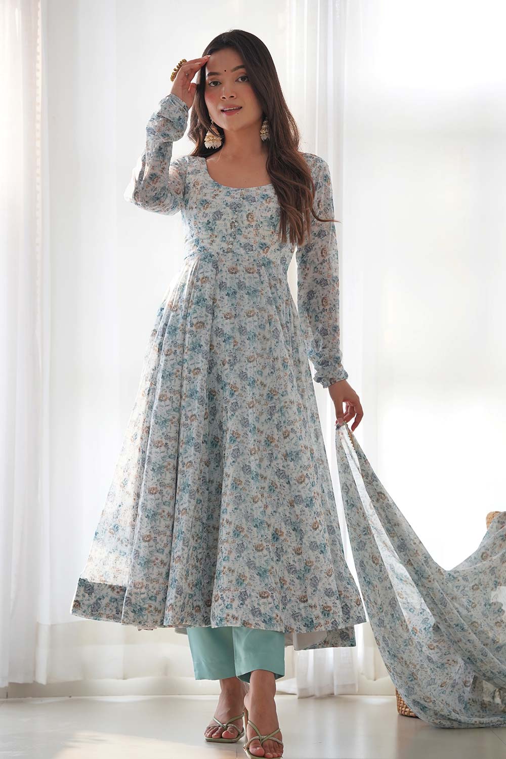 Turquoise Printed Chiffon Gown