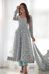 Turquoise Printed Chiffon Gown