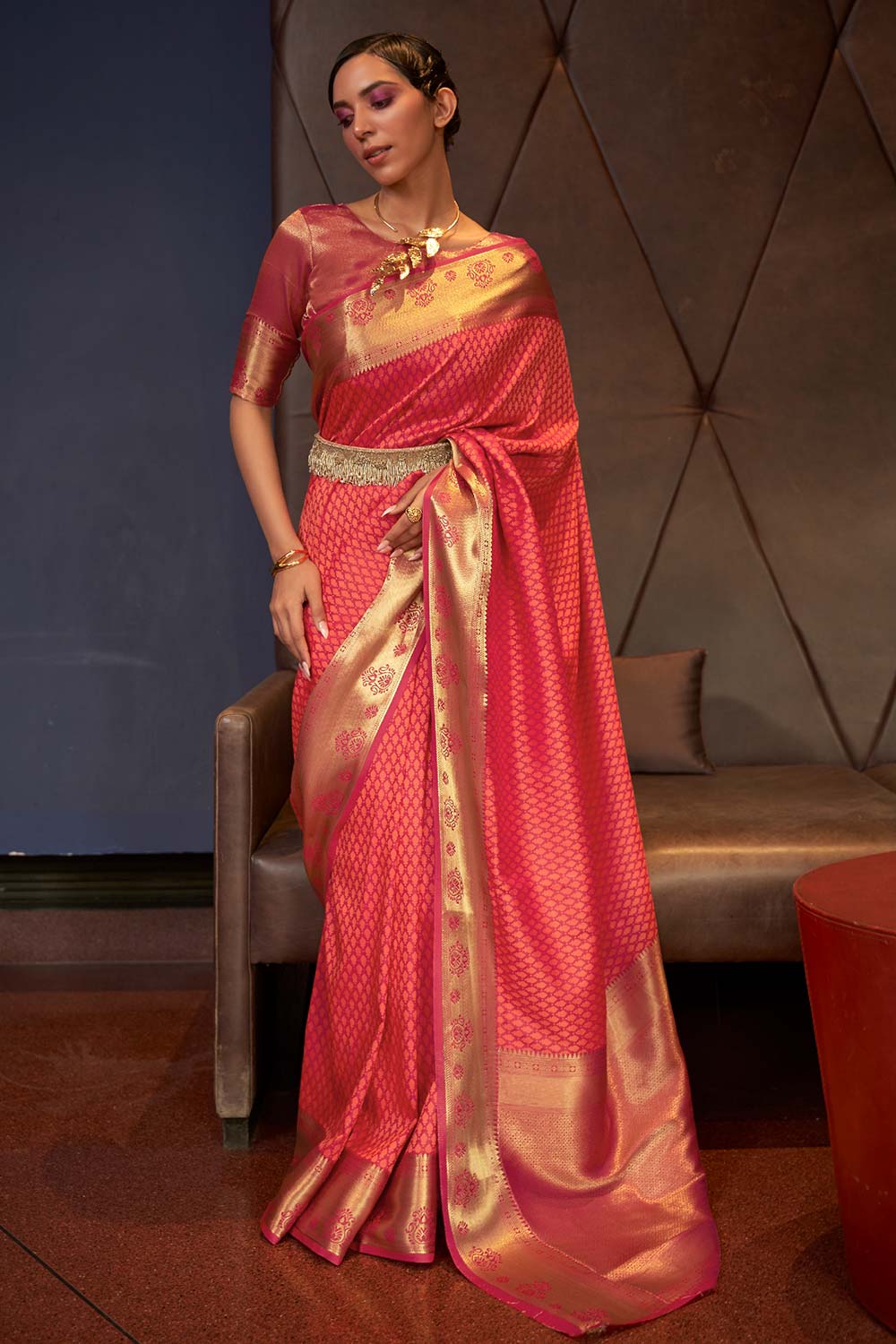 Kurveen Pink Silk Woven Saree