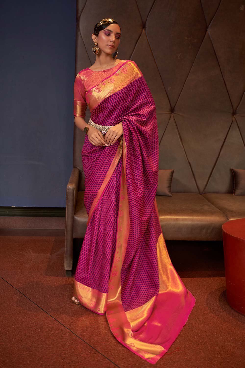 Kurveen Pink Silk Woven Saree