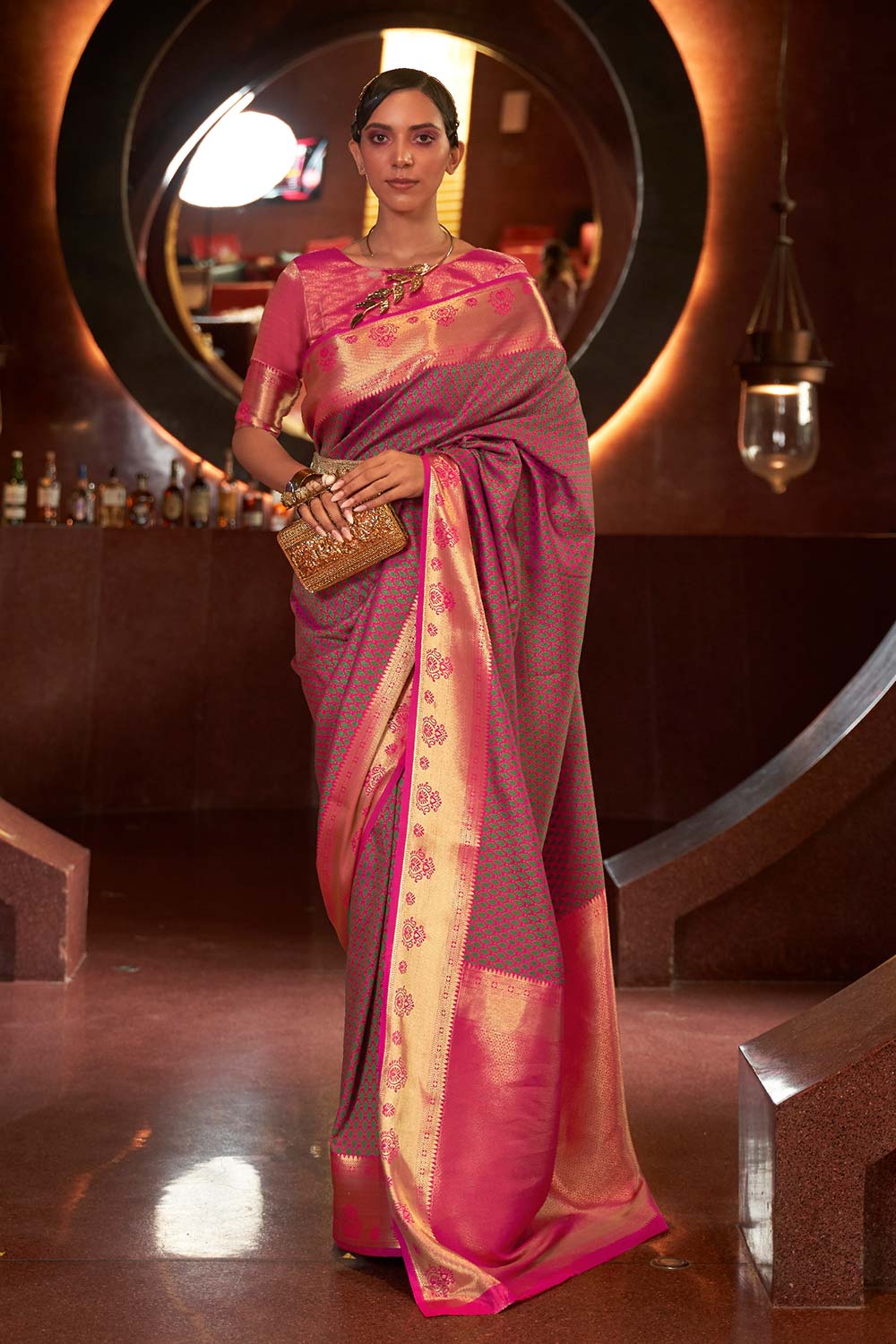 Kurveen Pink Silk Woven Saree