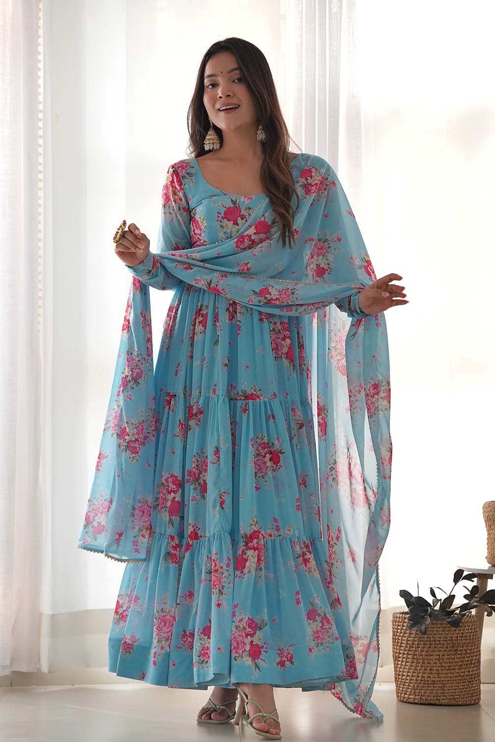 Blue Printed Woven Georgette Gown