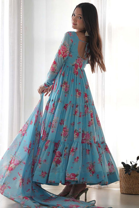 Blue Printed Woven Georgette Gown