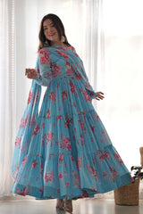 Blue Printed Woven Georgette Gown