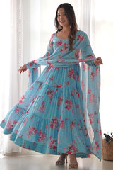 Blue Printed Woven Georgette Gown