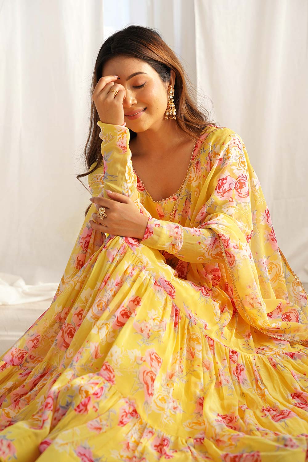 Yellow Printed Woven Georgette Gown