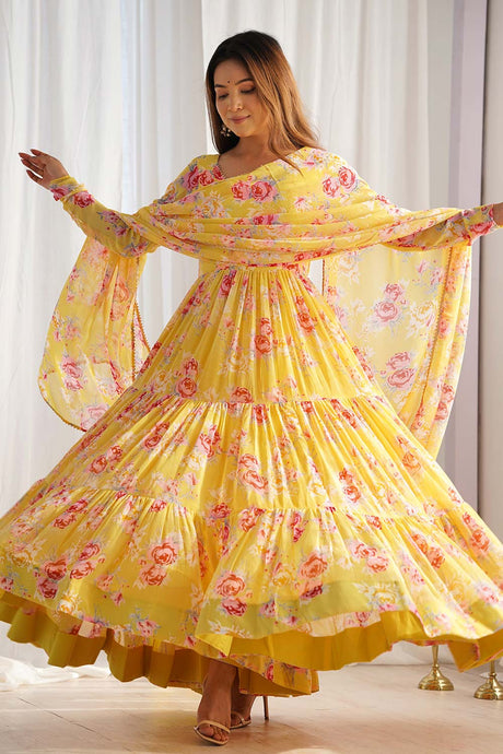 Yellow Printed Woven Georgette Gown