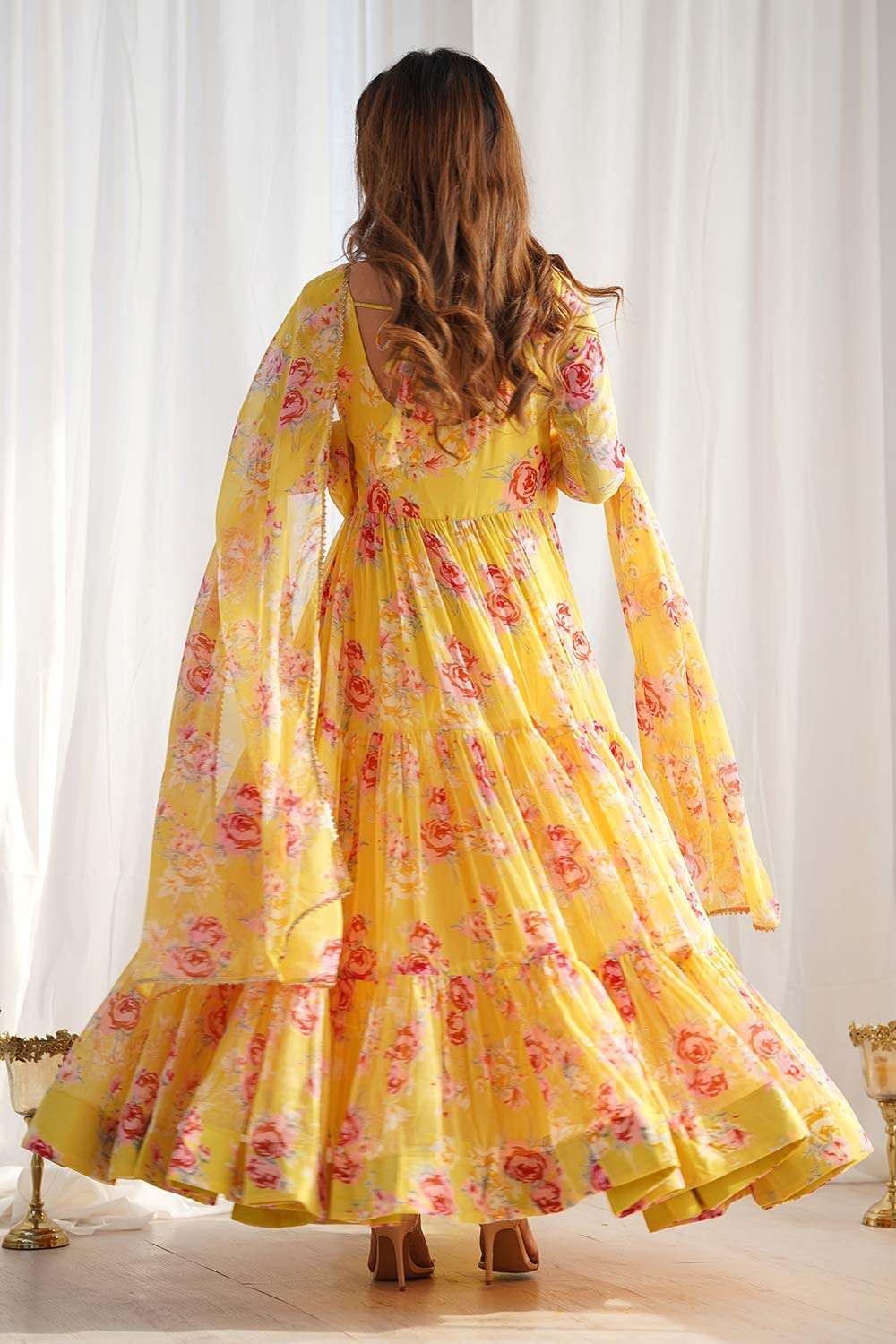 Yellow Printed Woven Georgette Gown