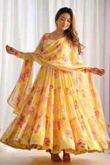 Yellow Printed Woven Georgette Gown