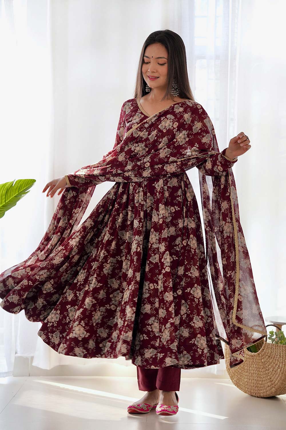 Red Floral Print Georgette Gown