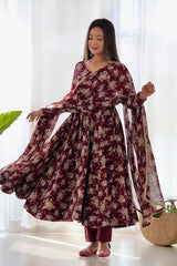 Red Floral Print Georgette Gown