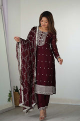 Red Embroidered Georgette Kurta with Pant