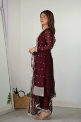 Red Embroidered Georgette Kurta with Pant