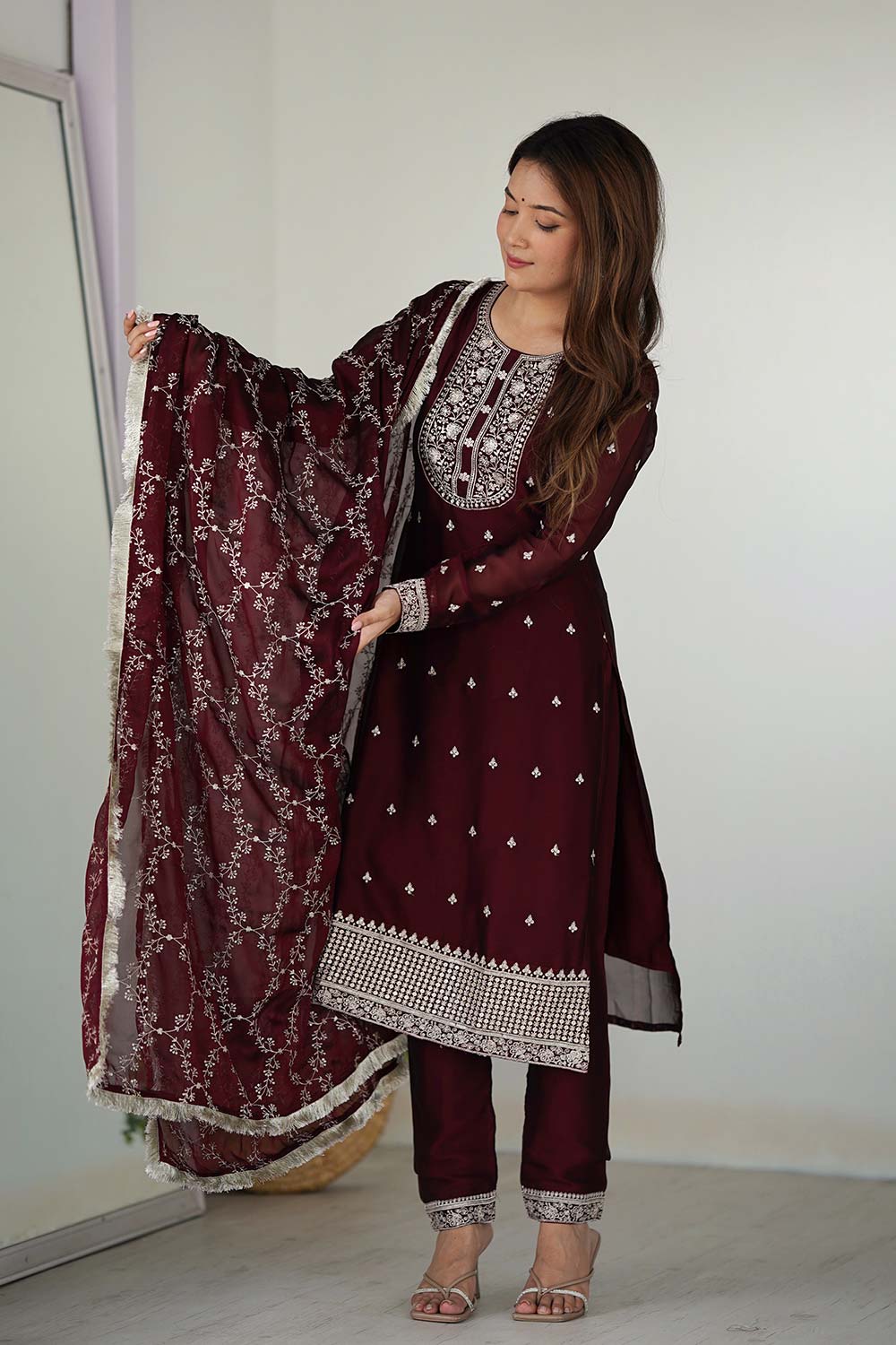 Red Embroidered Georgette Kurta with Pant