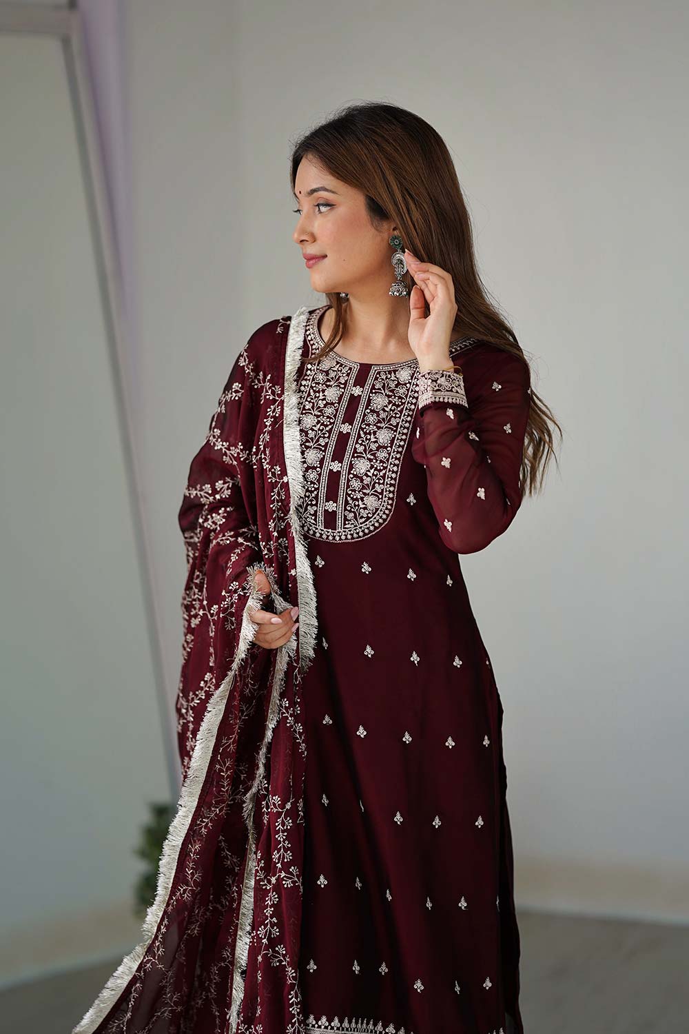 Red Embroidered Georgette Kurta with Pant